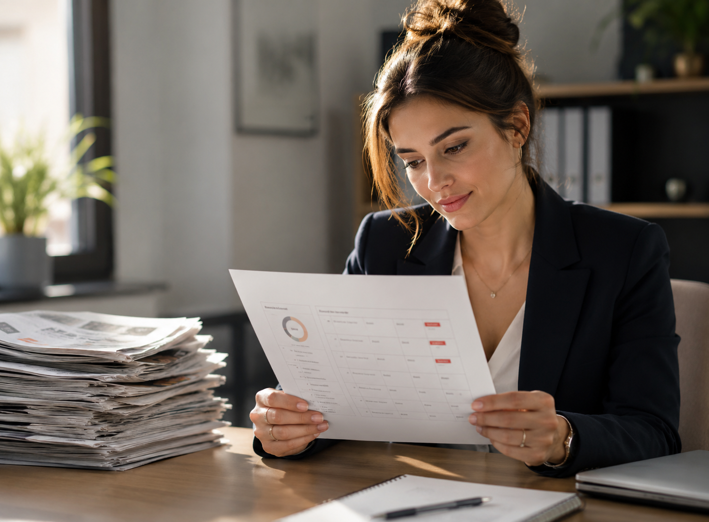 Una Compliance Analyst consulta un report sintetico con pochi red flag rilevanti mentre una pila di notizie e documenti rimane sfocata sullo sfondo, rappresentando il filtraggio intelligente delle informazioni sulle terze parti.