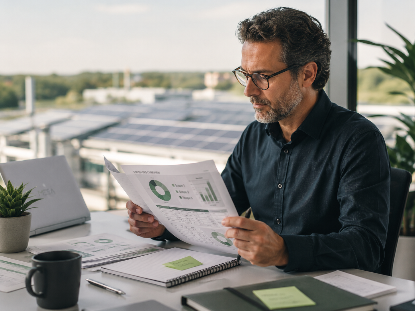 Energy manager analizza un report cartaceo sui consumi energetici in un ufficio con vista su pannelli solari, per il calcolo delle emissioni Scope 1, 2 e 3.