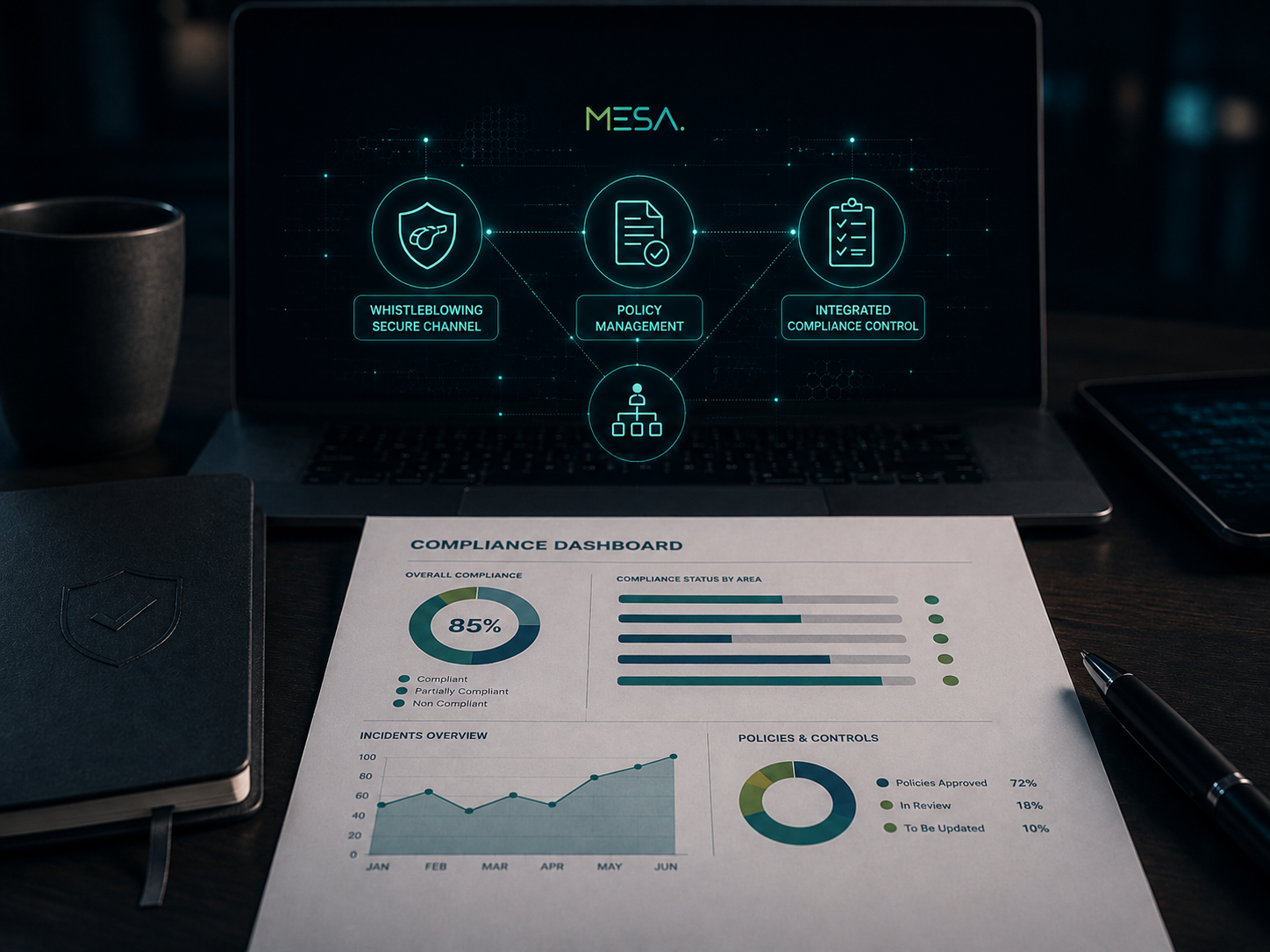 Dashboard di compliance su una scrivania executive con overlay digitale che rappresenta whistleblowing, policy management, controlli normativi e governance integrata.