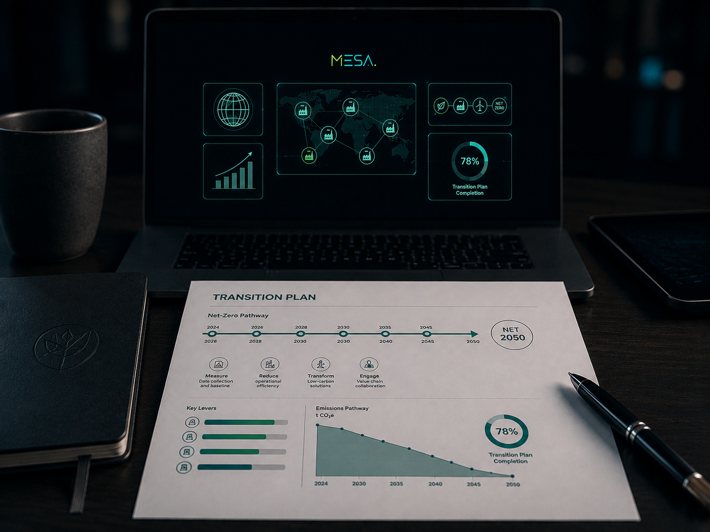 Transition Plan per il percorso Net Zero su una scrivania executive con overlay digitale che mostra rete di stabilimenti, roadmap di decarbonizzazione e avanzamento del piano.