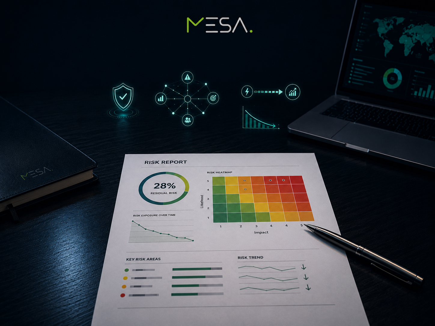 Report dei rischi con heatmap e indicatore di rischio residuo su una scrivania executive, arricchito da overlay digitali che rappresentano resilienza, obiettivi strategici e gestione proattiva del rischio.