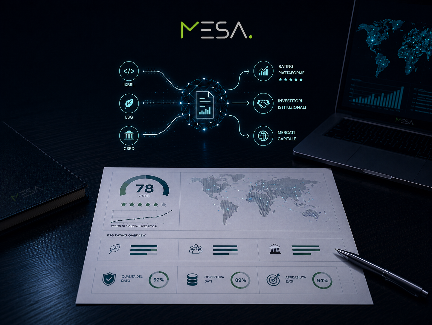 Report ESG con punteggio di rating e indicatori di qualità del dato su una scrivania executive, con overlay digitale che rappresenta algoritmi di analisi, piattaforme di rating, investitori istituzionali e mercati dei capitali.