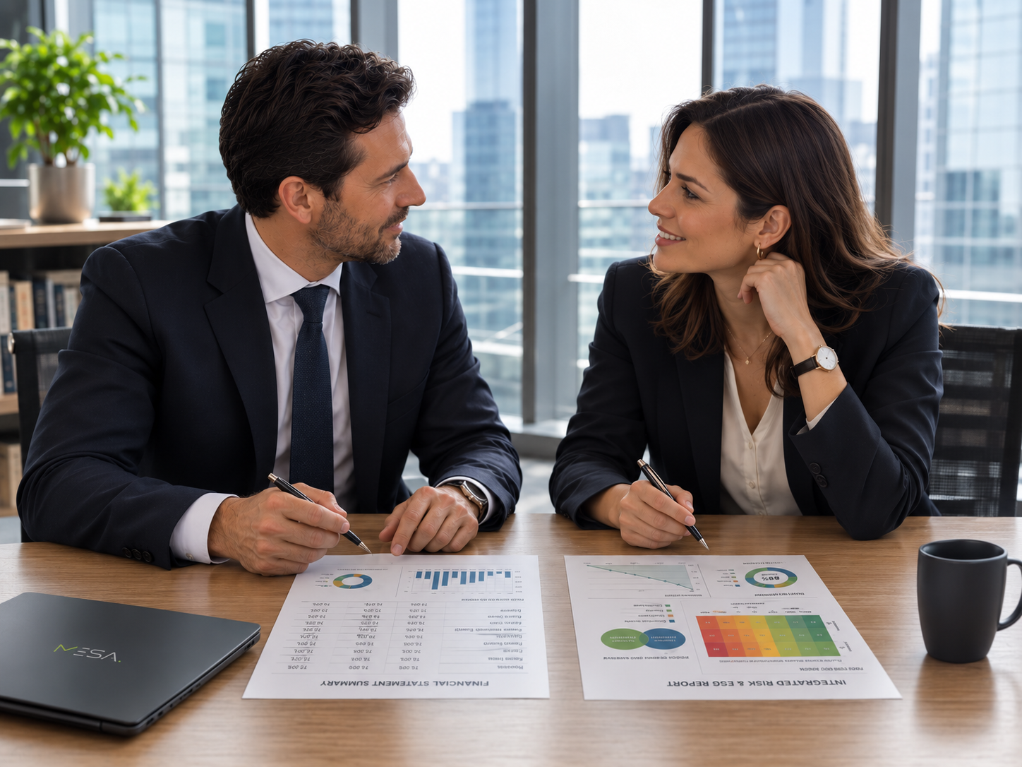 CFO e Sustainability Director confrontano un bilancio finanziario e un report ESG stampati per unificare i processi di disclosure in un ufficio executive.