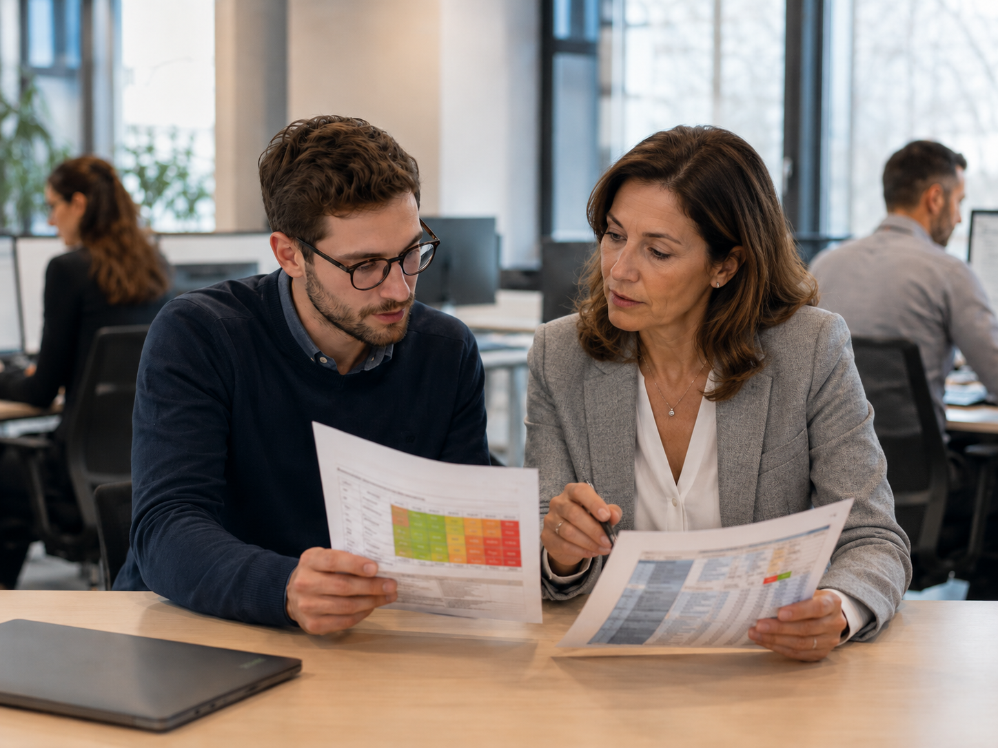Due professionisti confrontano registri di rischio cartacei con strutture e criteri di valutazione differenti in un ufficio open space, evidenziando la frammentazione dei processi di risk management.