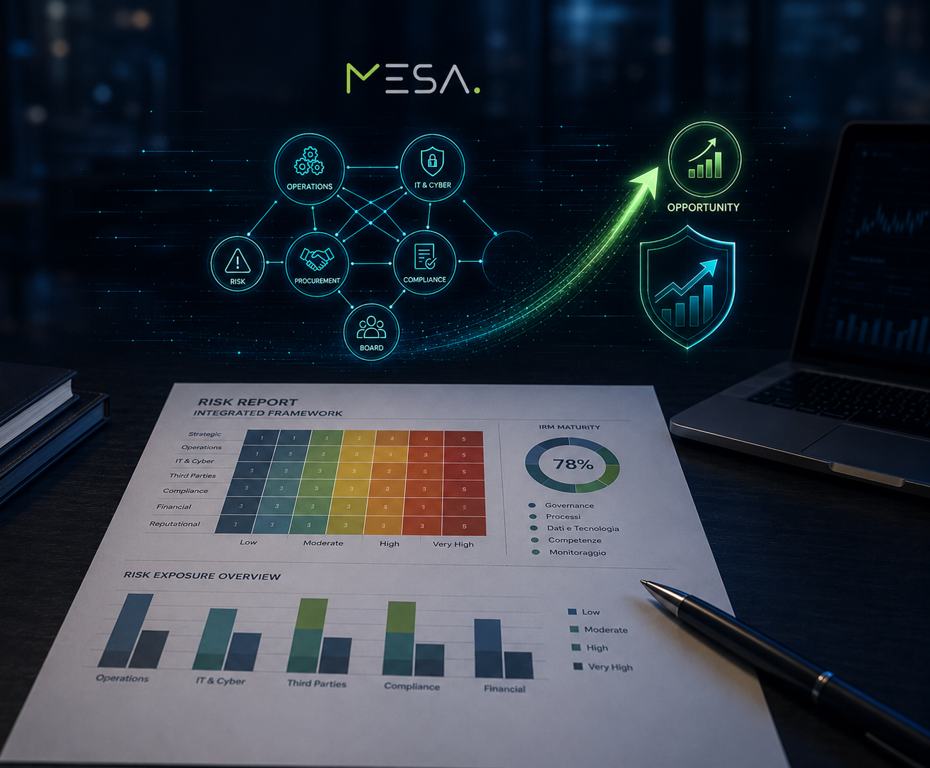 Report di Integrated Risk Management su una scrivania executive con overlay digitale che collega Operations, IT, Procurement, Compliance e Board in un unico framework di governance del rischio.