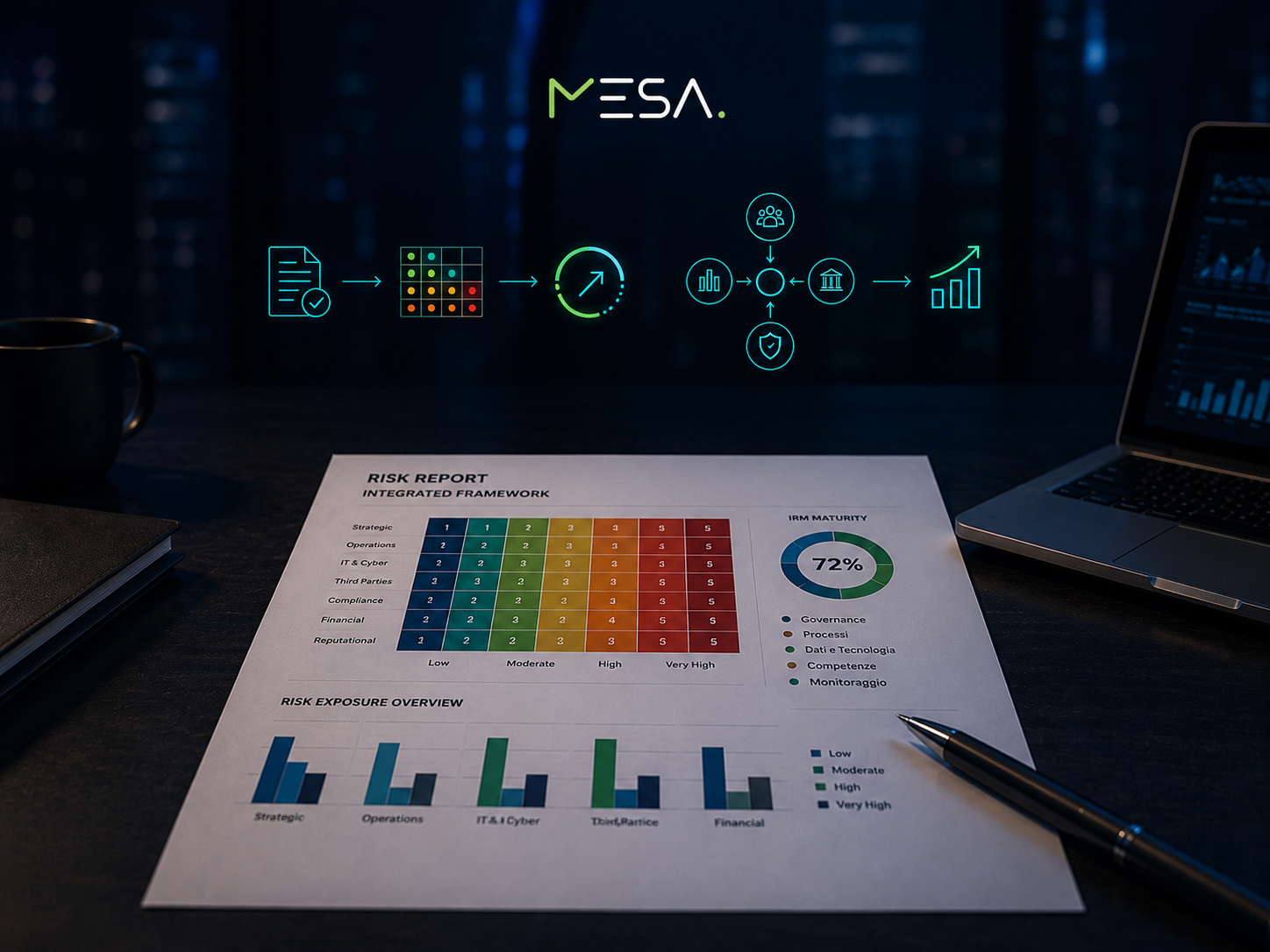 Framework di reporting integrato su una scrivania executive con overlay digitale che rappresenta la convergenza dei flussi finanziari, ESG e digital filing in un processo governato e sicuro.