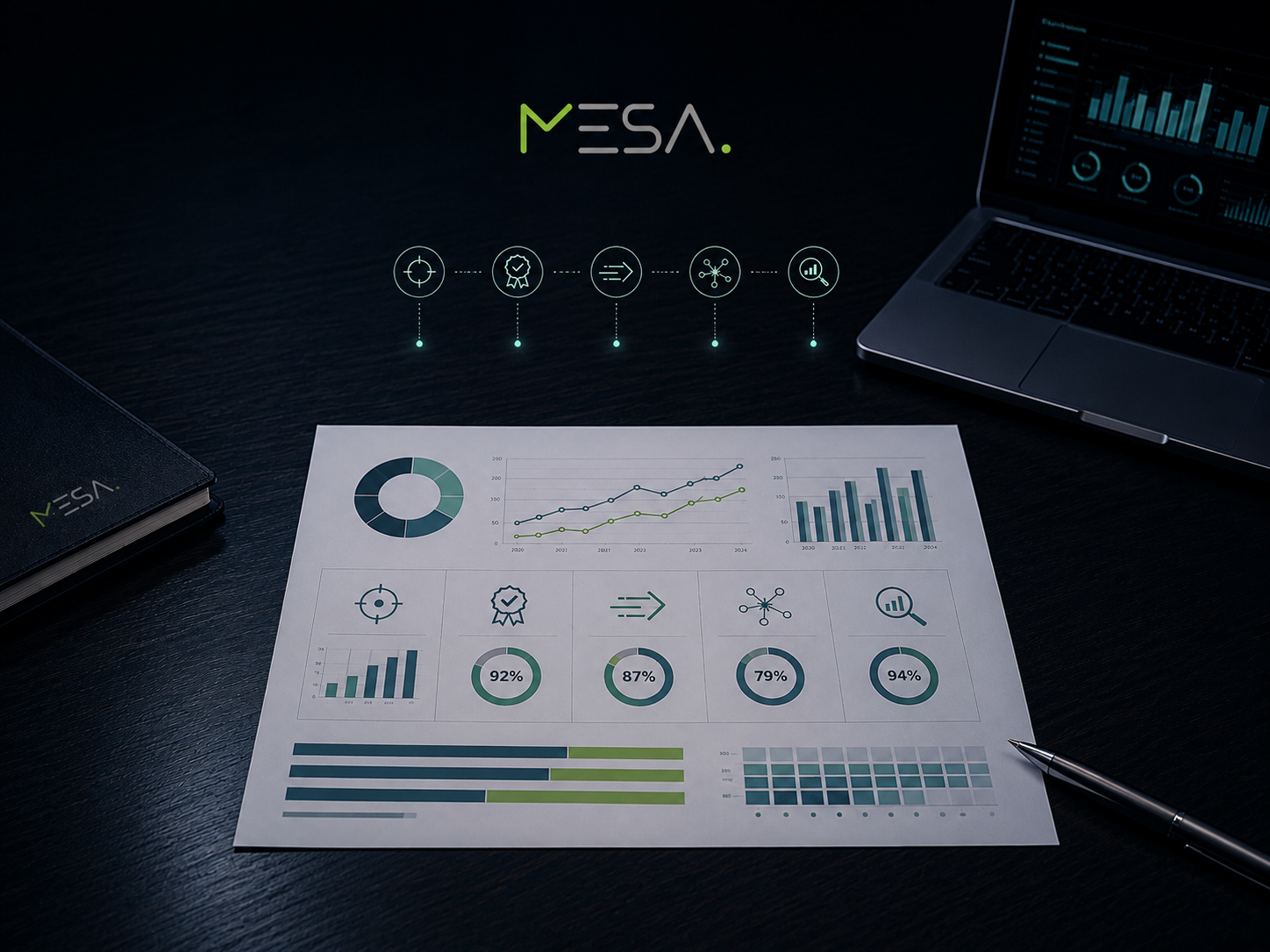 Dashboard riepilogativa con indicatori di performance e overlay digitale che rappresenta precisione, conformità, efficienza, innovazione e controllo.