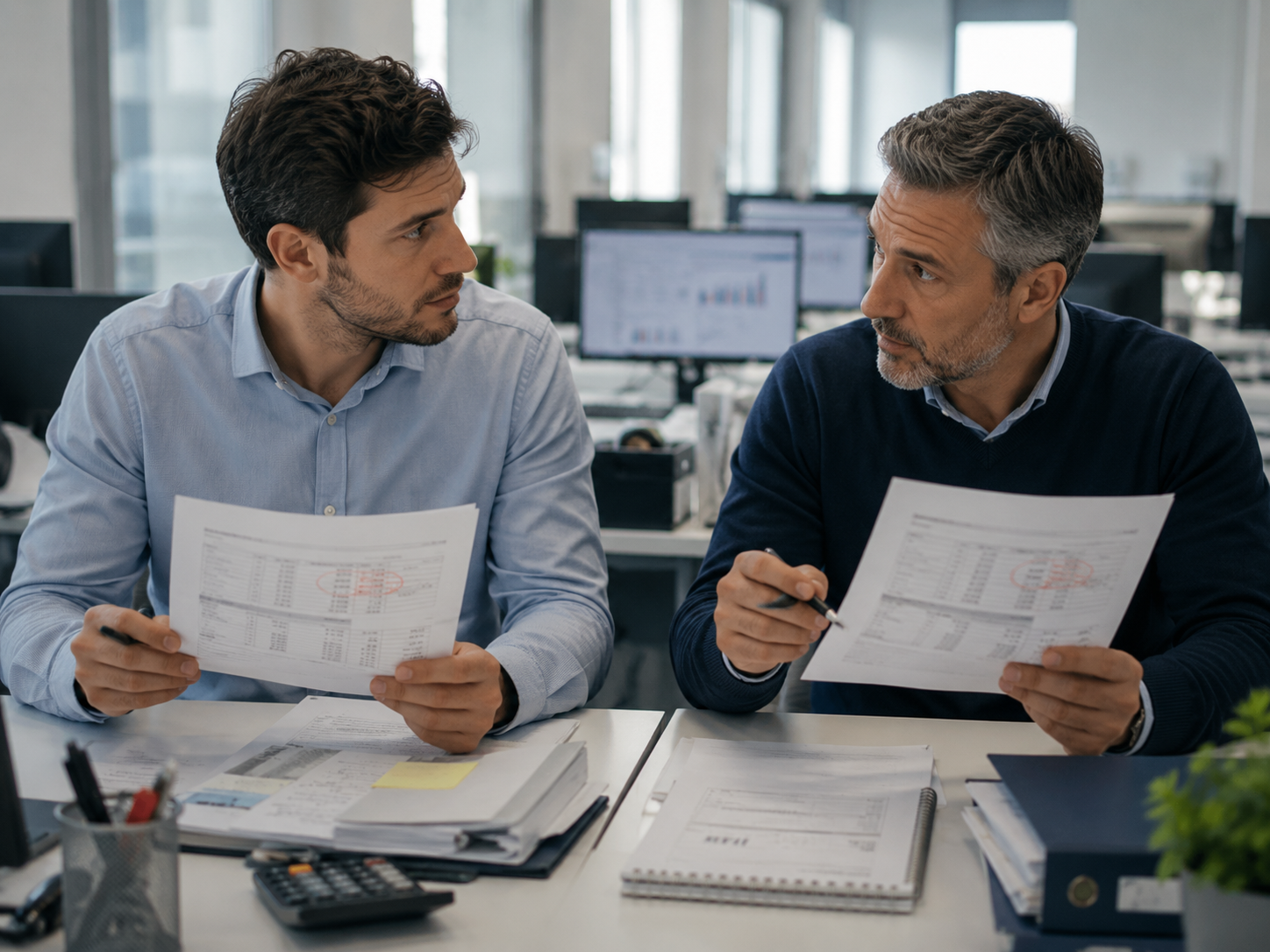 Due professionisti Finance confrontano report cartacei con dati non allineati in un ufficio open space, verificando incongruenze tra diverse fonti informative.