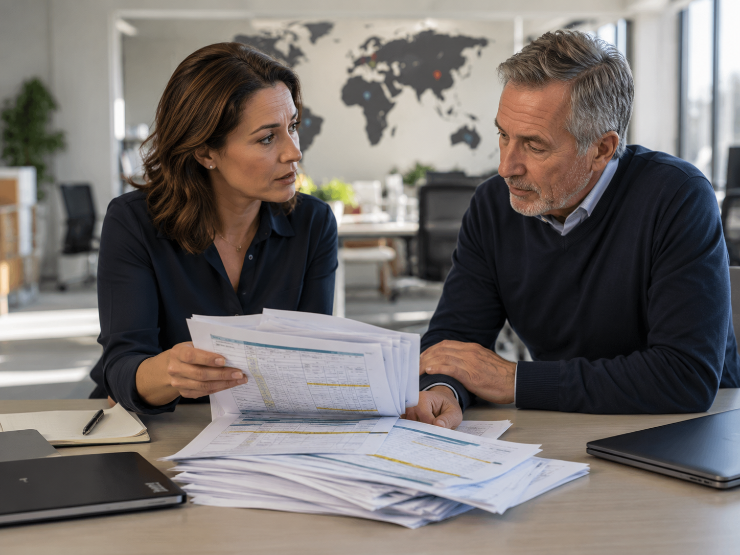 Una Procurement Manager e un Compliance Director analizzano una pila di questionari fornitori cartacei in un ufficio con una mappa del mondo sullo sfondo, evidenziando la complessità della due diligence della supply chain.