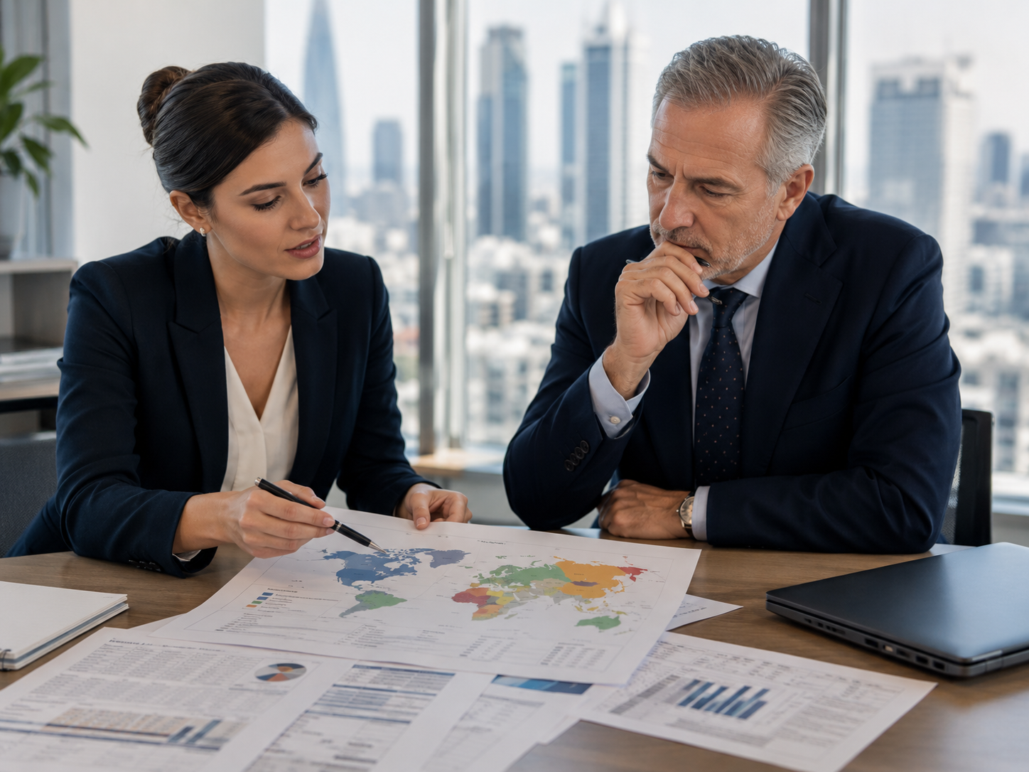 Una Tax Manager e un CFO analizzano una mappa delle giurisdizioni fiscali internazionali e documenti di reporting per individuare disallineamenti tra strategia fiscale e obiettivi ESG.
