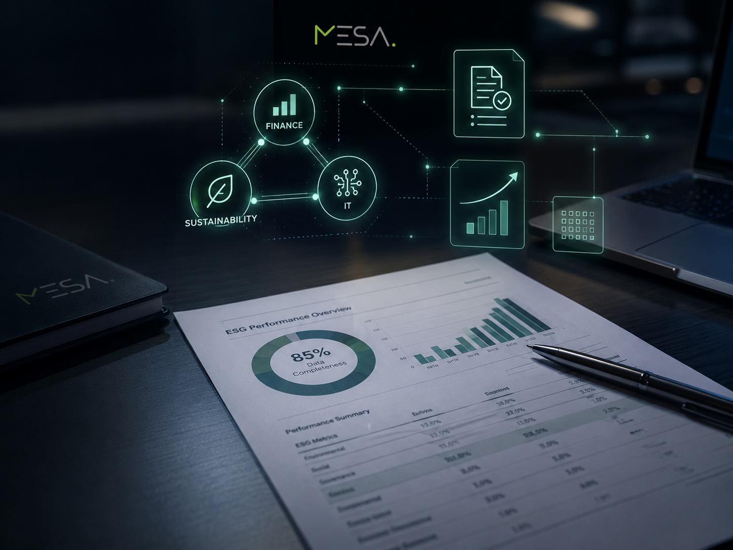 Report ESG stampato su una scrivania executive con overlay digitale che rappresenta l'integrazione tra Finance, Sustainability e IT per la governance dei dati.