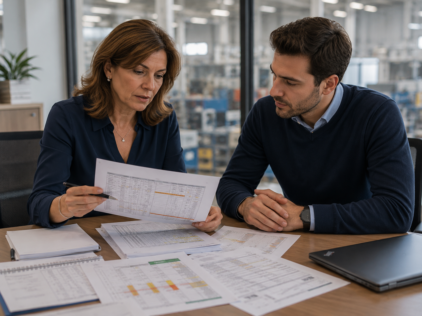 Una Audit Manager e uno Supplier Quality Specialist analizzano report di audit e checklist provenienti da fonti diverse in un ufficio con vista su un'area produttiva, cercando di ricostruire lo stato dei finding e delle azioni correttive.