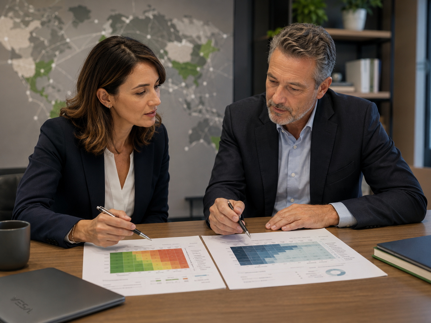 Report integrato ESG e Risk Management su una scrivania executive con overlay digitale che rappresenta il collegamento tra sostenibilità, rischio, resilienza e scenari climatici.