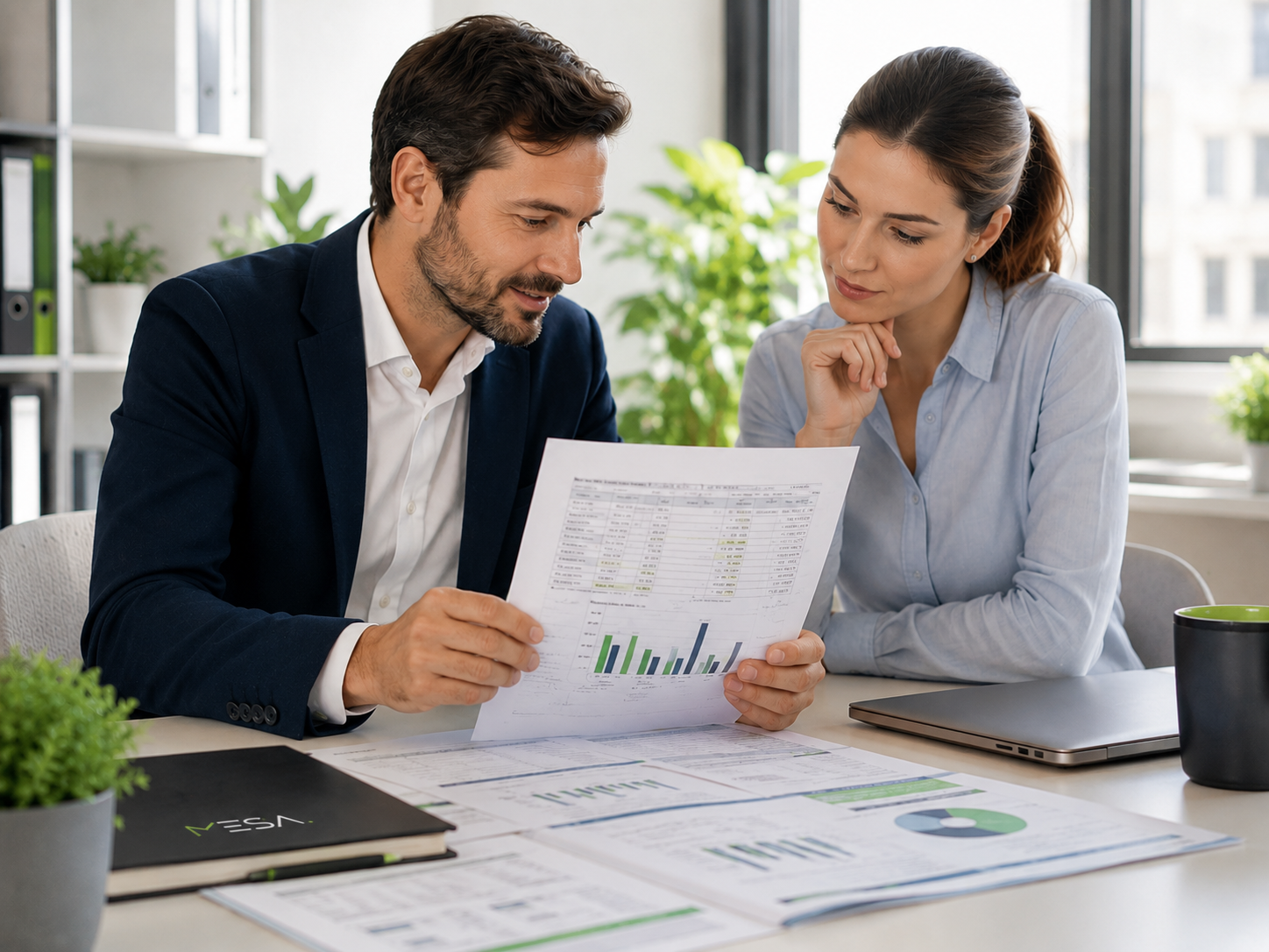Financial controller e junior analyst analizzano insieme un bilancio consolidato con annotazioni IFRS in una postazione Finance moderna e ordinata.