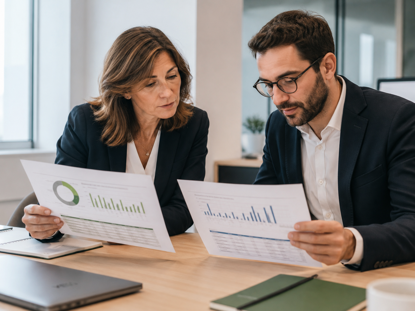 Sustainability Manager e Controller confrontano report ESG e finanziari stampati per verificare l'allineamento dei dati in una sala riunioni luminosa.