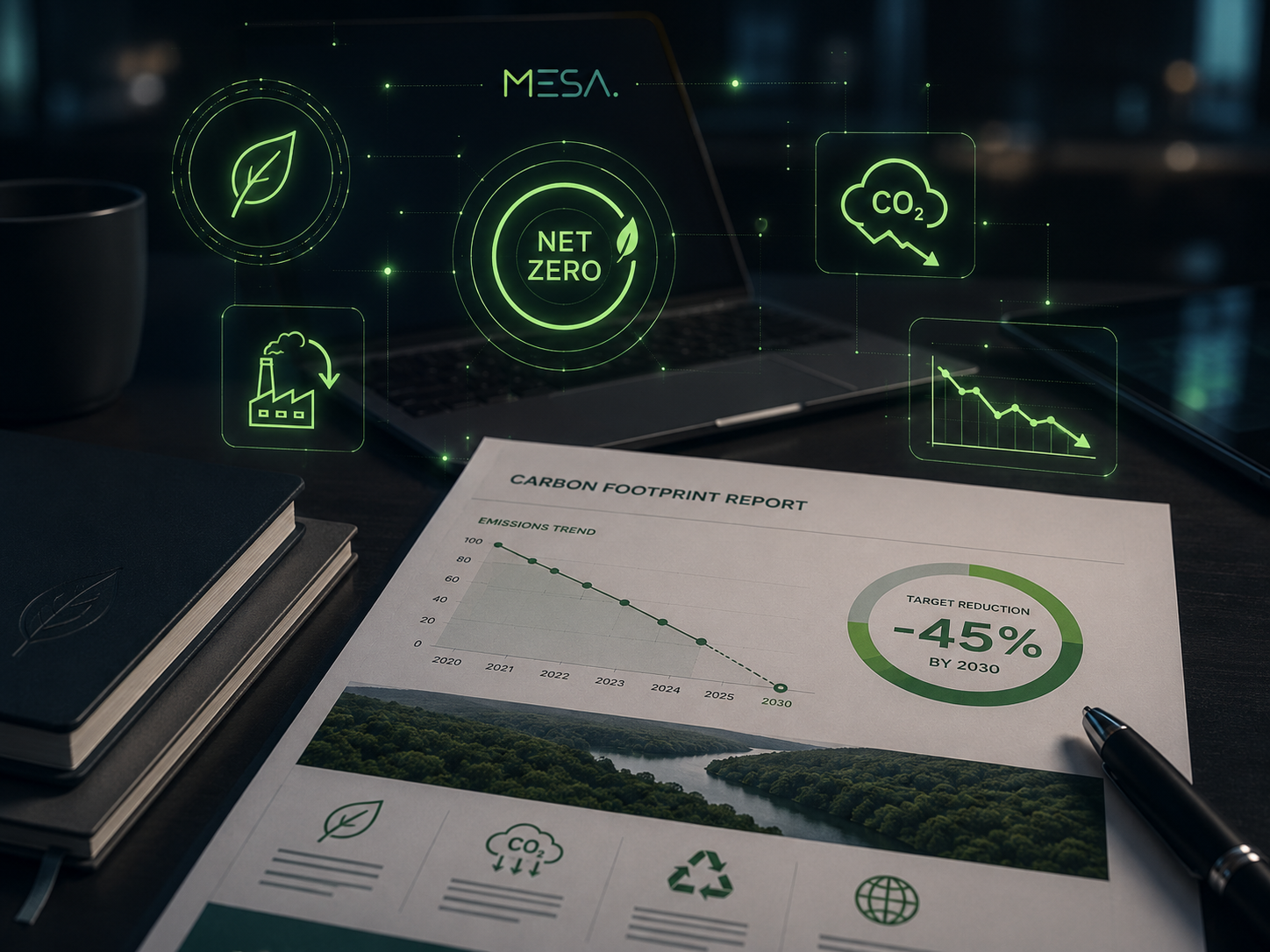 Report di Carbon Footprint su una scrivania executive con overlay digitale che mostra target Net Zero, trend delle emissioni in calo e indicatori di sostenibilità.