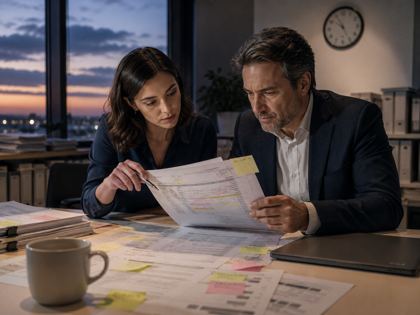 Una reporting specialist e un CFO analizzano un bilancio annotato con evidenziazioni e post-it in un ufficio Finance al termine della giornata, verificando gli ultimi dettagli prima della pubblicazione in formato iXBRL.