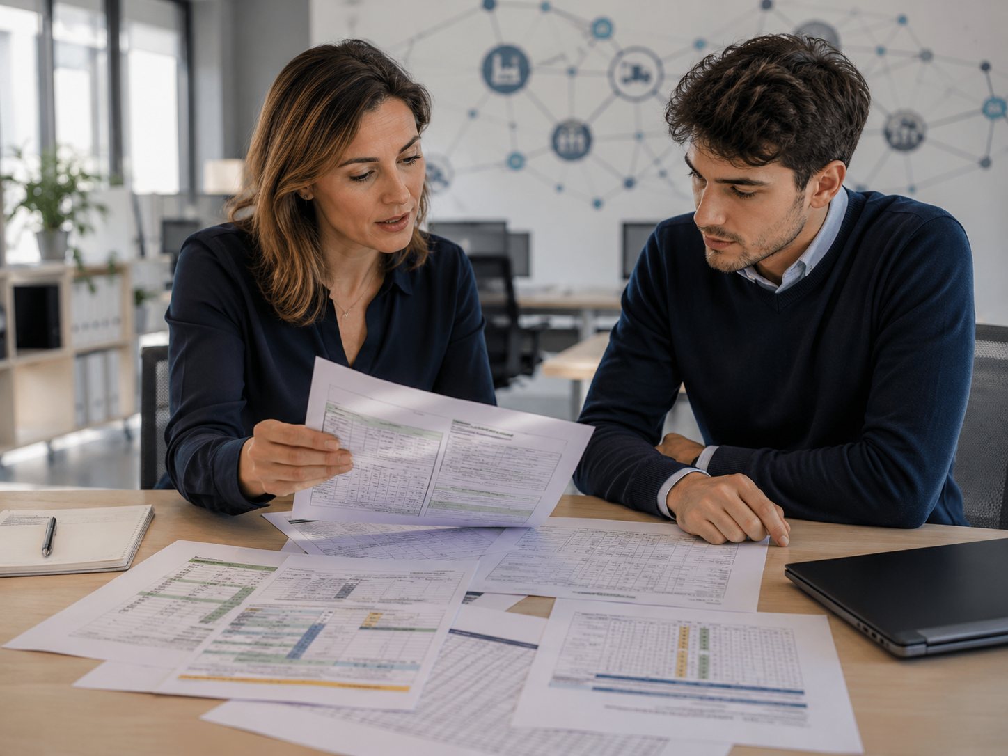 Una Sustainability Manager e un Procurement Analyst analizzano questionari ESG provenienti da fornitori diversi in un ufficio moderno, confrontando dati eterogenei necessari al calcolo delle emissioni Scope 3.