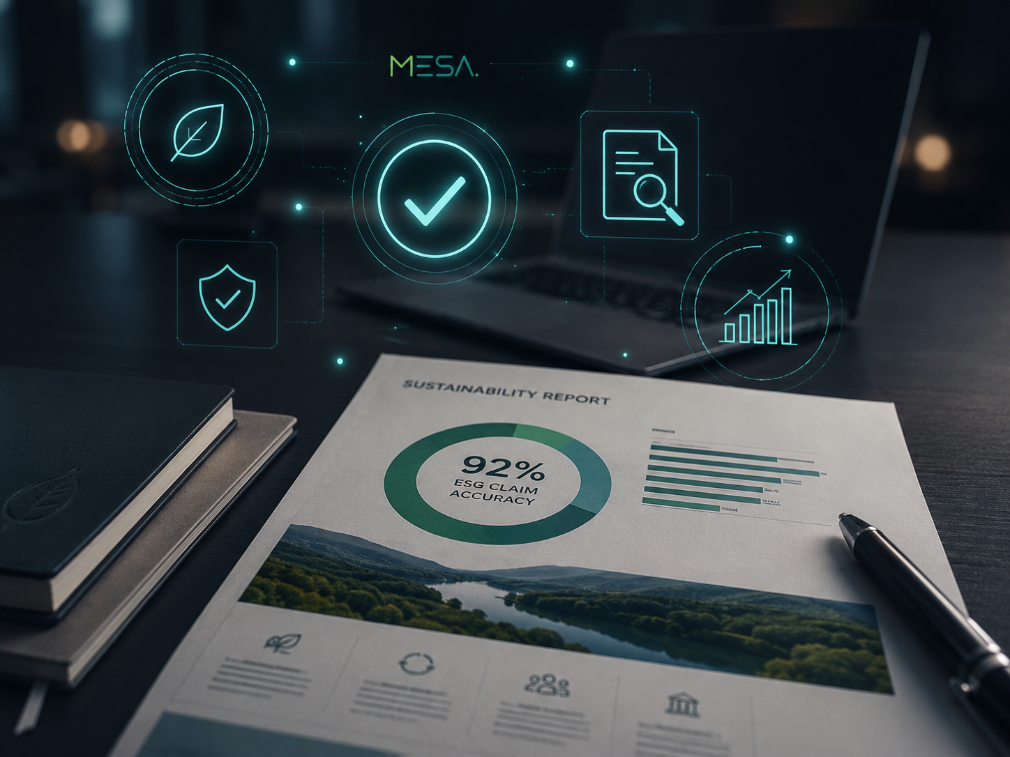 Report di sostenibilità su una scrivania executive con indicatori digitali di validazione ESG e grafici che confermano l'accuratezza dei claim.