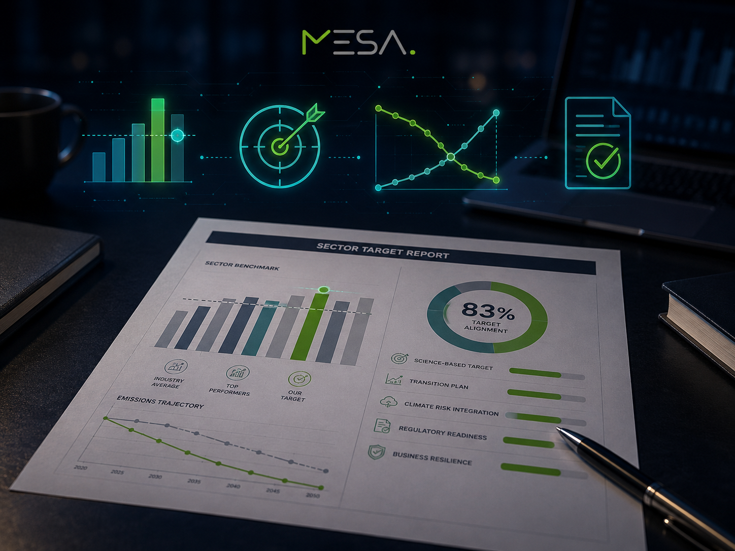 Report di Sector Target su una scrivania executive con overlay digitale che rappresenta benchmark di settore, target scientifici, piano di transizione, gestione del rischio climatico e prontezza regolatoria in un framework integrato.