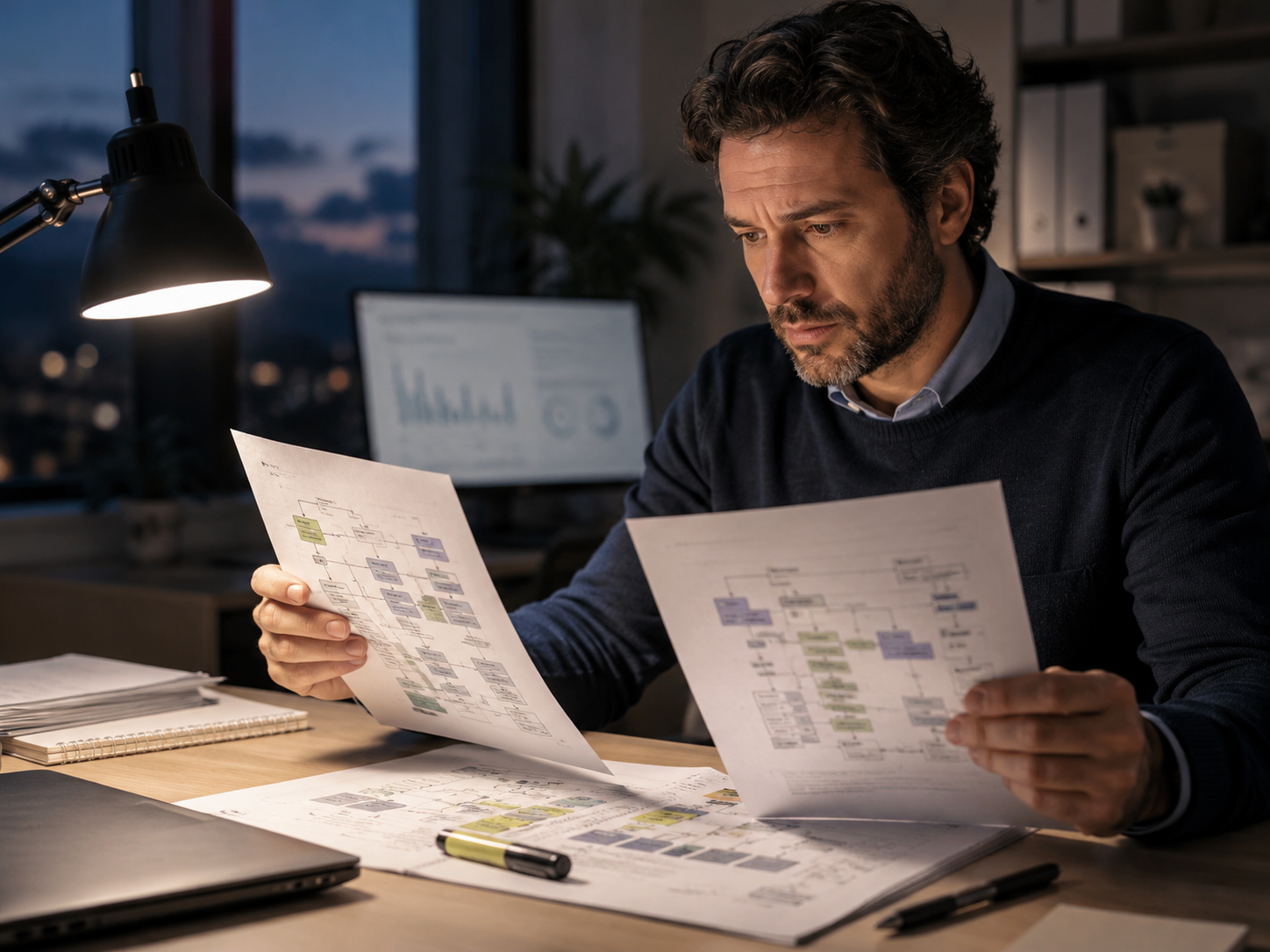Uno specialista XBRL confronta due schemi di tassonomia stampati alla propria postazione di lavoro durante una sessione serale di verifica, concentrato sulle regole di validazione e sulla corretta classificazione dei dati.